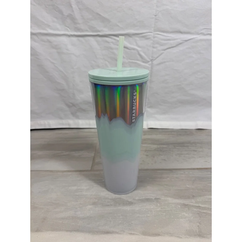Starbucks 24oz Cold Cup Tumbler Iridescent Holographic Mint Green White 2020